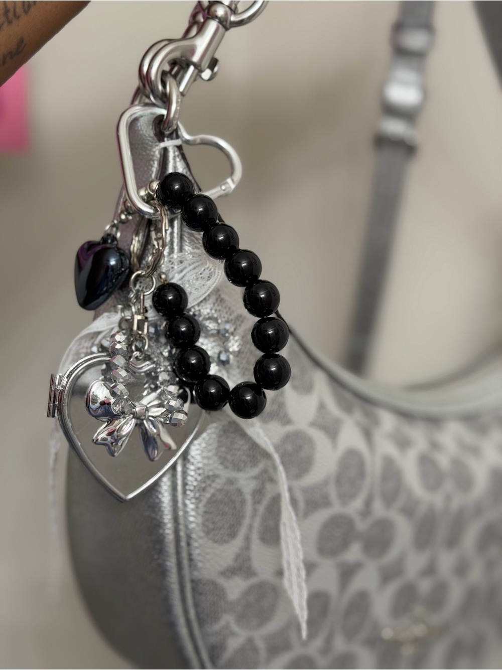 Coach Silver Signature Crescent Shoulder Bag with Plush Charm - Picture 5 of 7